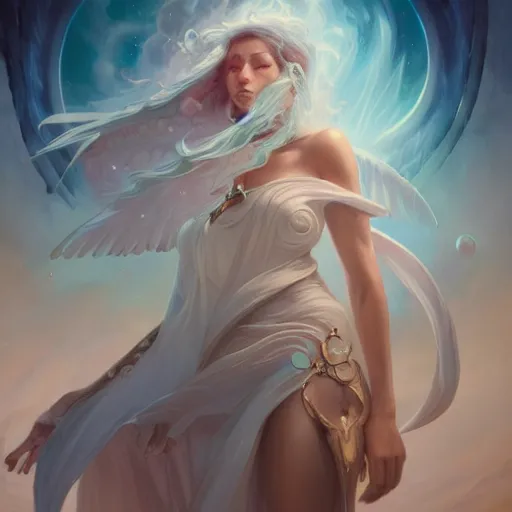 Image similar to a beautiful angel of dreams by pete mohrbacher and artgerm and wlop, digital art, highly detailed, intricate, fantasy, mystical, ethereal, Trending on Artstation HQ, deviantart, unreal engine, 4K UHD image