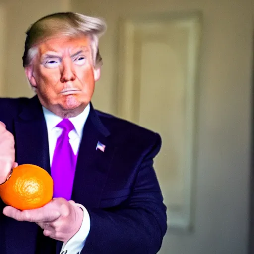 Prompt: donald trump holding an orange and cutting it with a purple knife.