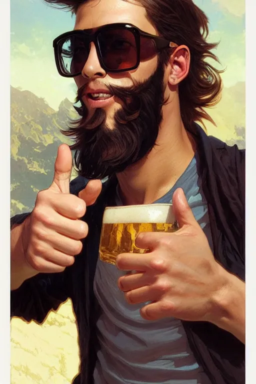 Prompt: a young man wearing raybands holding a beer giving a thumbs up with a long beard, real life skin, intricate, elegant, highly detailed, artstation, concept art, smooth, sharp focus, art by artgerm and greg rutkowski and alphonse mucha