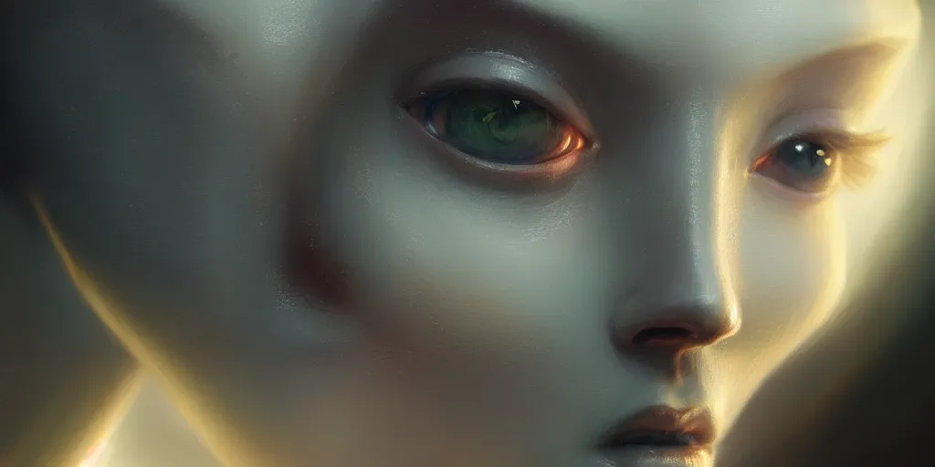 Prompt: the close up face portrait of a humanoid android looking to the camera terriefied, extremely detailed digital painting, in the style of fenghua zhong and ruan jia and jeremy lipking and peter mohrbacher, mystical colors, rim light, beautiful lighting, 8 k, stunning scene, raytracing, octane, trending on artstation