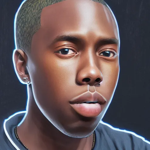 Image similar to hyper realistic tyler the creator, anime style, fashion clothing, shoulder eyes, last exile anime, symmetrical facial features, from arknights, hyper realistic, 4 k, rule of thirds, extreme detail, detailed drawing, trending artstation, realistic lighting, by alphonse mucha, greg rutkowski, short neck