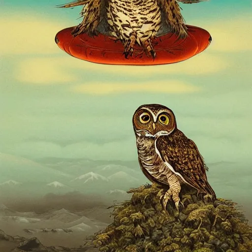 Prompt: a painting of an owl sitting on top of a snowy hill, a surrealist painting by Yoshitaka Amano, behance contest winner, pop surrealism, lovecraftian, ukiyo-e, detailed painting