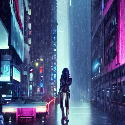 Prompt: city of the future, many skyscrapers, blade runner style, hyper-realistic, octane render, realistic, real, street, rain, beautiful girl with umbrella wearing bikini and clear raincoat with pink hair, cinematic, 8k, very intricate, 80's, night