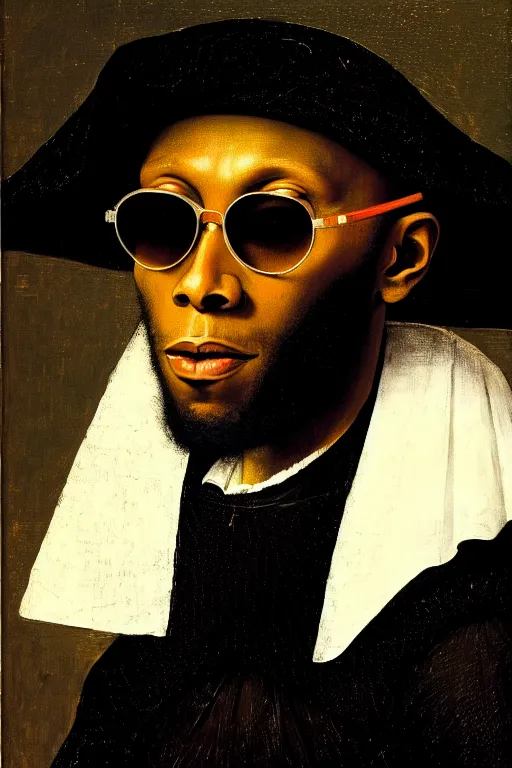 Prompt: high quality celebrity portrait of yasiin baye aka mos def in a crown and sunglasses painted by the old dutch masters, rembrandt, hieronymous bosch, frans hals, symmetrical detail