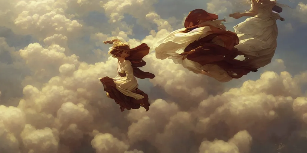 Prompt: flying over cloud tops, elegant, highly detailed, digital painting, artstation, concept art, smooth, sharp focus, illustration, ArtStation, art by artgerm and greg rutkowski and alphonse mucha and J. C. Leyendecker and Edmund Blair Leighton and Charlie Bowater