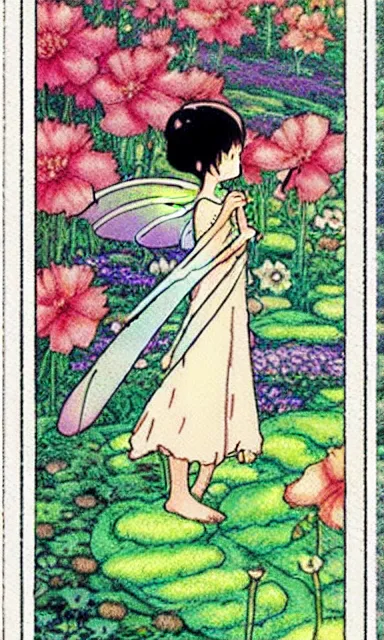 Image similar to fairy floral tarot card by Hayao miyazaki