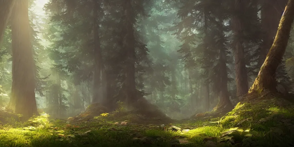 Image similar to a forest, cinematic angle, studio Ghibli, volumetric lighting, digital art, artstation, detailed oil painting, hyperrealistic, 8k