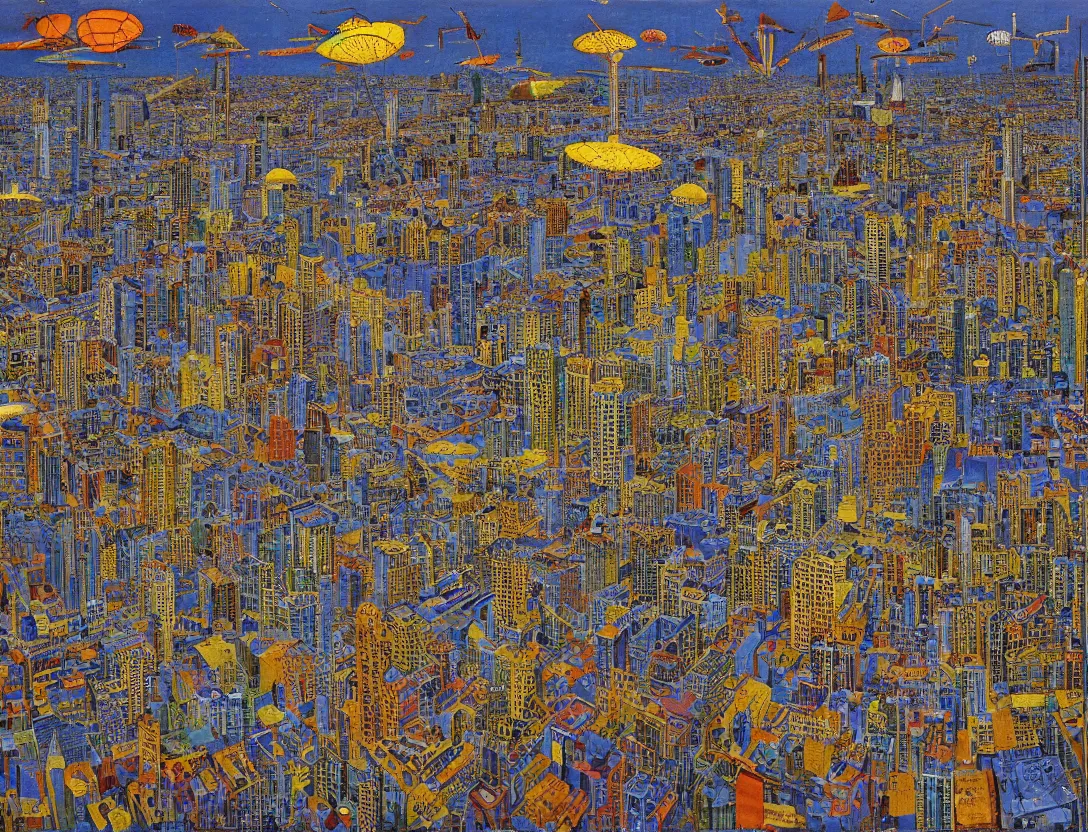 Image similar to ufos flying mysterious banners over the city, brutalist, by mati klarwein and moebius