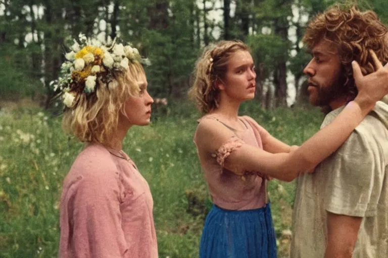 Prompt: vhs 1 9 8 0 s film of a scene from the movie midsommar directed by ari aster