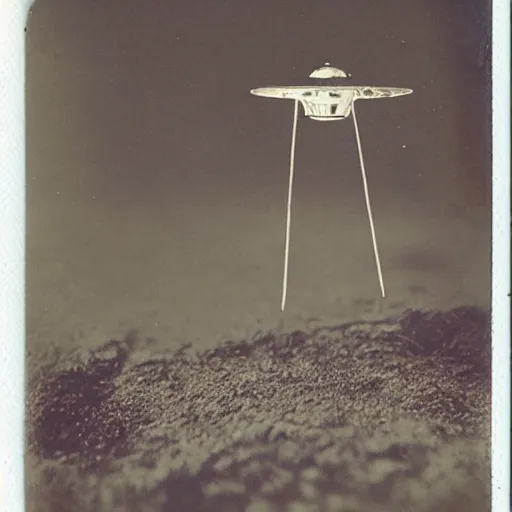 Prompt: old polaroid depicting a small intricate metallic alien probe, hovering at a clearing