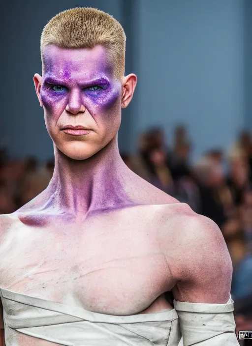 Image similar to hyperrealistic and heavy detailed off white runway show of thanos ( marvel comics ), leica sl 2 5 0 mm, vivid color, high quality, high textured, real life