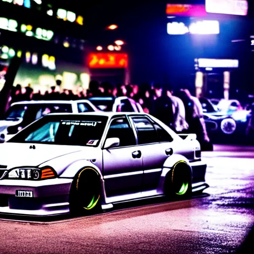 Image similar to a car JZX90 twin turbo drift at illegal car meet, Shibuya prefecture, city midnight mist lights, cinematic lighting, photorealistic, highly detailed wheels, high detail