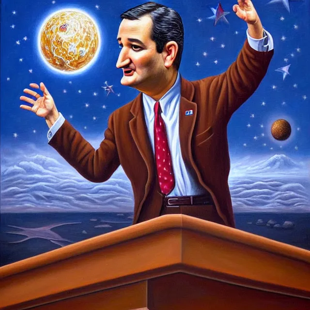 Image similar to an oil on canvas portrait painting of ted cruz doing a speech at the republican convention, surrealism, surrealist, cosmic horror, rob gonsalves, high detail