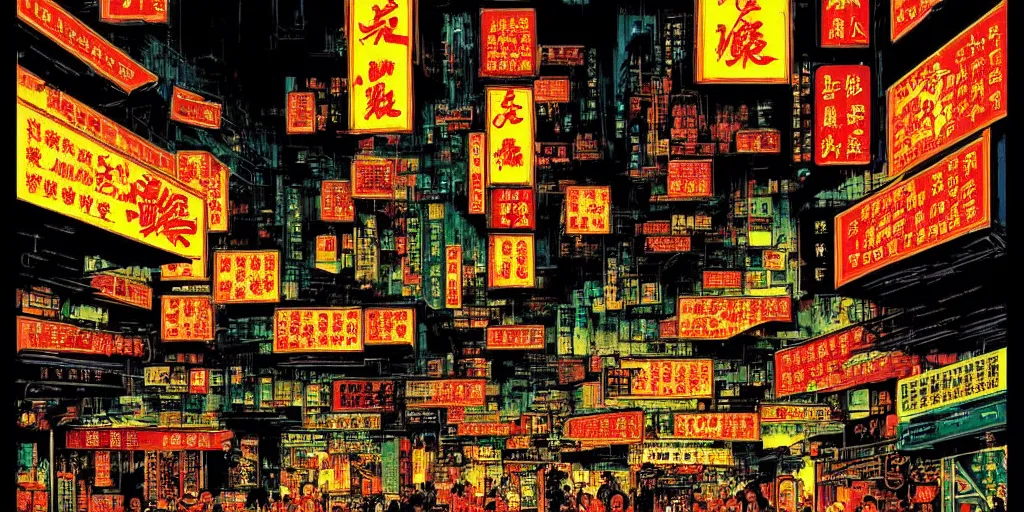Image similar to artwork of wong kar - wai's hong kong street, by dan mumford and toshi yoshida and peter doig, vintage scifi, highly detailed, dramatic lighting, 8 k