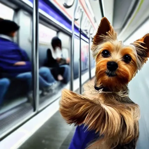 Prompt: yorkie dog taking a selfie in a subway train with angry homeless people behind him, realistic photo