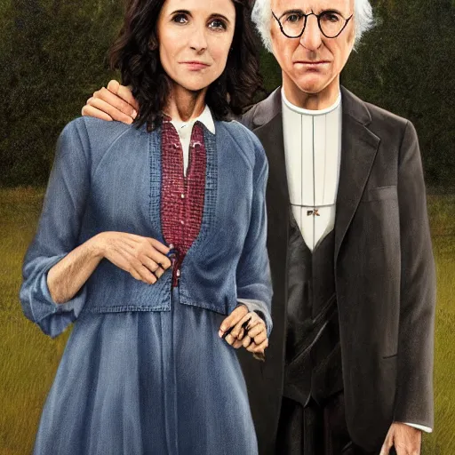 Prompt: Larry David and Julia Louis-Dreyfus in the style of American Gothic