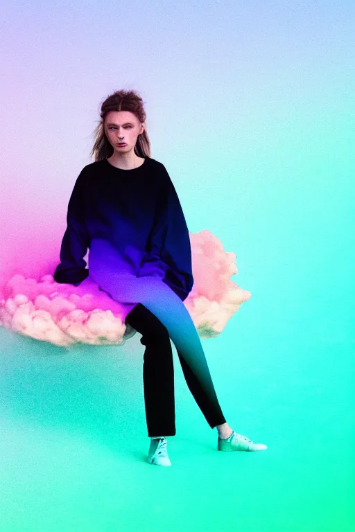 Prompt: high quality pastel coloured film photograph of a model wearing clothing resting on cloud furniture in a icelandic black rock environment in a partially haze filled dreamstate world. three point light, rainbow. photographic production. art directed. pastel colours. volumetric clouds. pastel gradient overlay. waves glitch artefacts. 8 k. filmic.