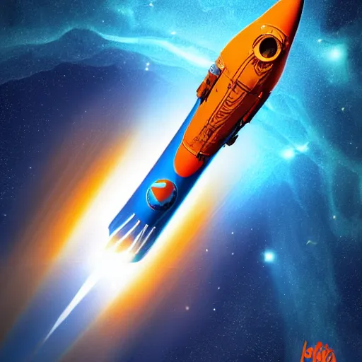 Image similar to Blue V2 rocket in space, tin tin, Orange planet, intricate, SCI-Fi, movie poster, digital art by raphael lacoste