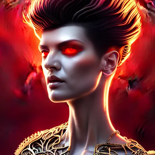 Image similar to woman with extremely large and intricate haircut with angry red eyes and slim features looking askance, eye cyberpunk bionics, retro futurist style, intricate, elegant gleaming intricate baroque jewelry, angelic halo, highly detailed, digital painting, artstation, concept art, smooth, sharp focus, illustration, art by wlop, mars ravelo and greg rutkowski,