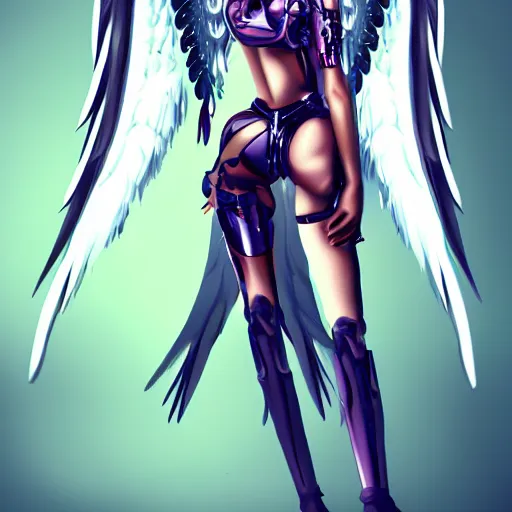 Image similar to small female cyborg - angel with large angelic wings, left eye gold and right eye silver, cyberpunk - anime character - concept art