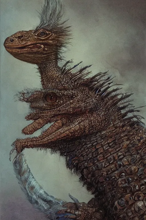 Prompt: art by john howe of a dog - sized humanoid with the feathers of a magpie, head of a horse, front claws of a gecko, arms of a monitor lizard and the face of a chinchilla.