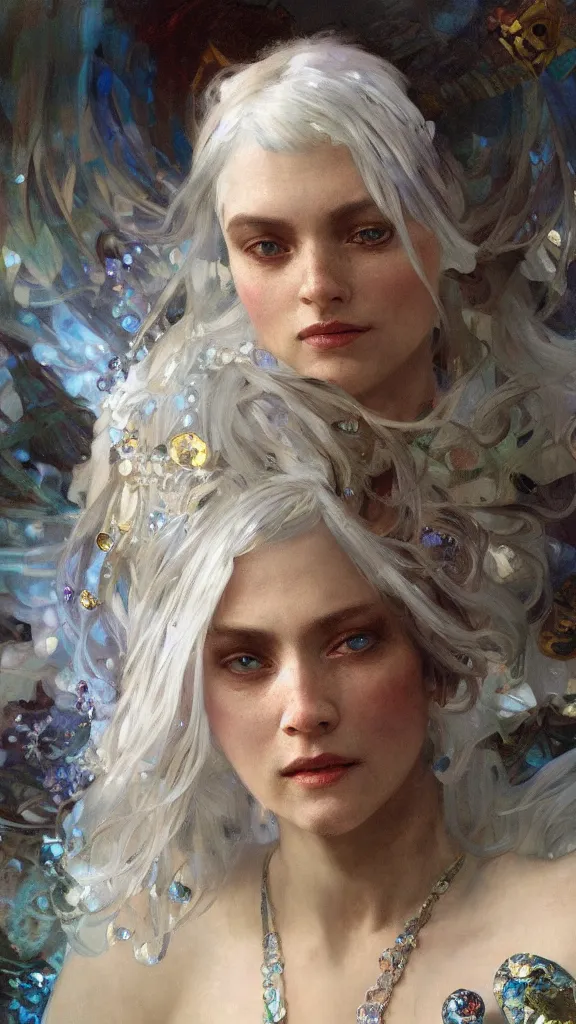 Image similar to a highly detailed beautiful white haired woman, adorned with precious stones, by jeremy mann and alphonse mucha 4 k resolution, trending on artstation, very very detailed, masterpiece, stunning,