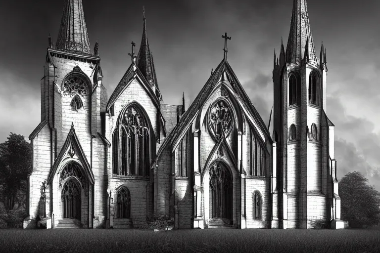 Prompt: a black and white photo of a gothic church, a matte painting by edwin deakin, cgsociety, gothic art, matte drawing, matte painting, gothic