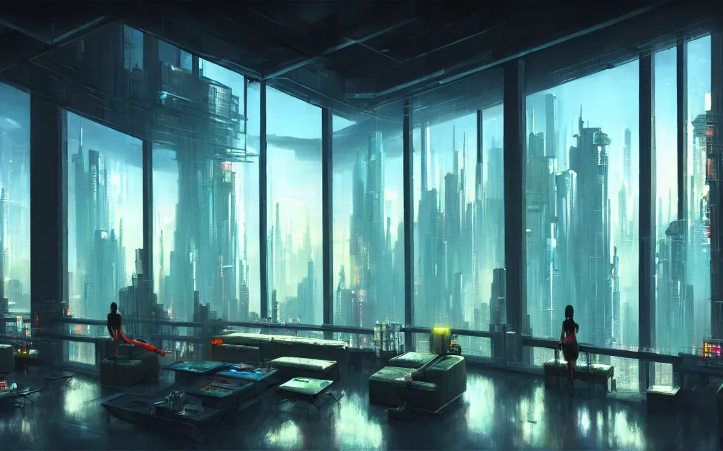 Image similar to cyberpunk loft lounge with tall windows, few people, city in background, drawn by feng zhu, sparse plants, dim painterly lighting volumetric aquatics, impasto