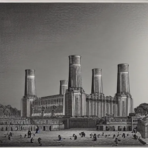 Prompt: A detailed engraving of a battersea power station in the style of gustave dore, escher and piranesi