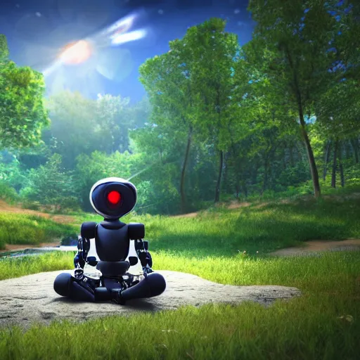 Prompt: 3d render of cel-shaded friendly robot sitting cross-legged with its head down on a small hill, in a fantasy forest with blooming trees and surrounded my wildlife, river flowing beside the robot, 4k, highly detailed, Unreal Engine, octane render, trending on artstation