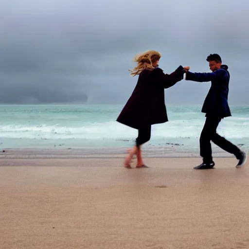 Image similar to zoom in photo of a man and woman, both wearing light brown trenchcoats, dancing together on a beach during cloudy weather, it is a little dark outside