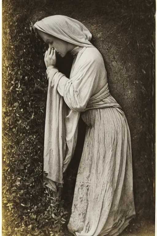 Image similar to a photo om mary praying in front of a tomb, by julia margaret cameron