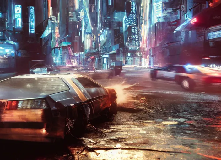 Image similar to a cyberpunk delorean breaking the space - time continuum, energy and time particles, dramatic framing, movie footage, 8 k