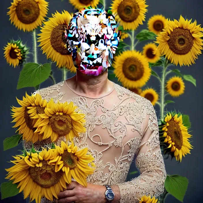 Image similar to photo portrait of Vladimir Putin - sunflowers - dressed in long elegant intricate ornamental ethereal sunflower dress, natural skin tone, highly detailed realistic flowers ornament in the upper side of breast, hair and wrinkles are intricate with highly detailed realistic flowers, elegant, Realistic, Refined, Highly Detailed, natural soft pastel lighting colors scheme, fine art photography by Cecil Beaton, volumetric lighting, hyper realistic photography