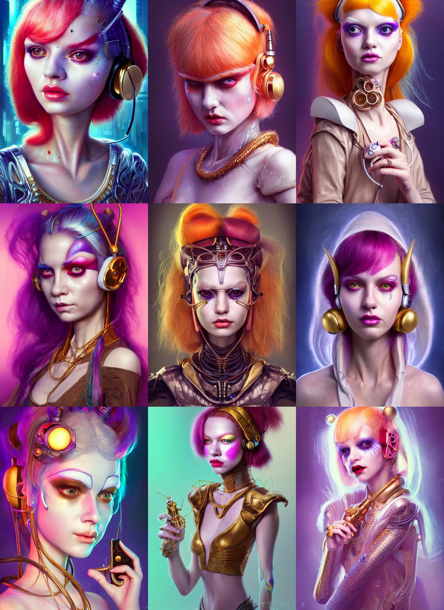 Prompt: disney weta portrait, soft lustrous biotech raver white clowncore leeloo cyborg, earbuds, golden ratio, sci - fi, fantasy, cyberpunk, intricate, decadent, highly detailed, digital painting, ever after high, octane render, artstation, concept art, smooth, sharp focus, illustration, art by artgerm, loish, wlop