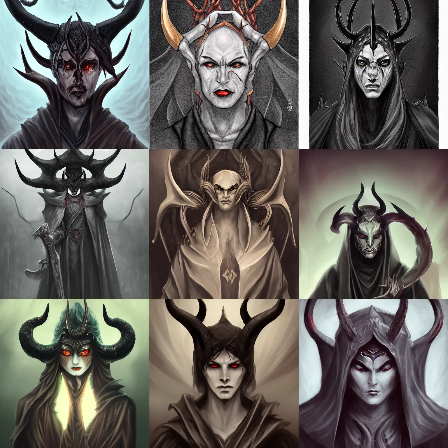 Prompt: photo of powerful demon with horns, wearing dark robes, elegant, matte, surreal, thorn halo, fantasy, highly detailed, sharp focus, illustration, digital painting