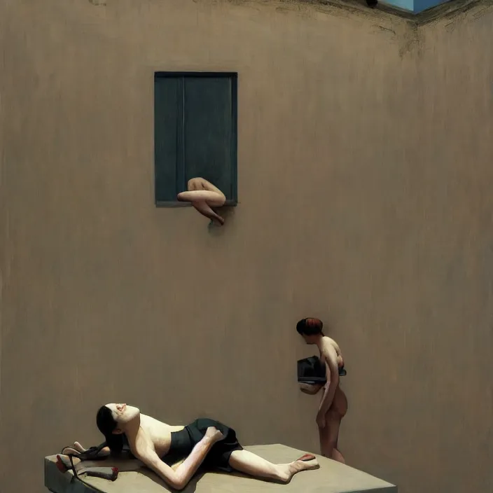 Image similar to the disinvention of time, liberation, by edward hopper and james gilleard, zdzislaw beksinski, open ceiling, highly detailed, black people, painted by francis bacon, painted by james gilleard, surrealism, airbrush, ilya kuvshinov, wlop, stanley artgerm, very coherent, art by takato yamamoto and james jean