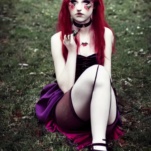 Image similar to full - length photo, young woman, sitting on her knees, gothic clothes, 4 k, colourful