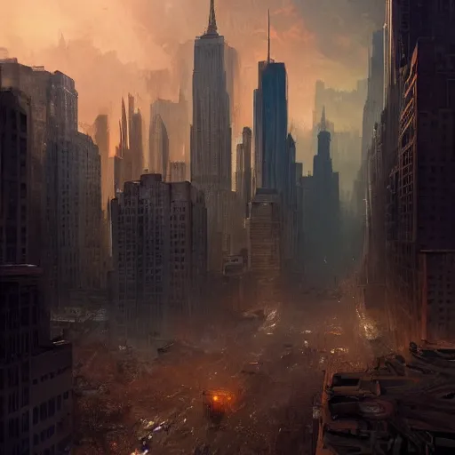 Image similar to new york city in a post apocalyptic earth as seen by greg rutkowski, dark theme, enchanted, warm colors, high quality, waw, trending on artstation