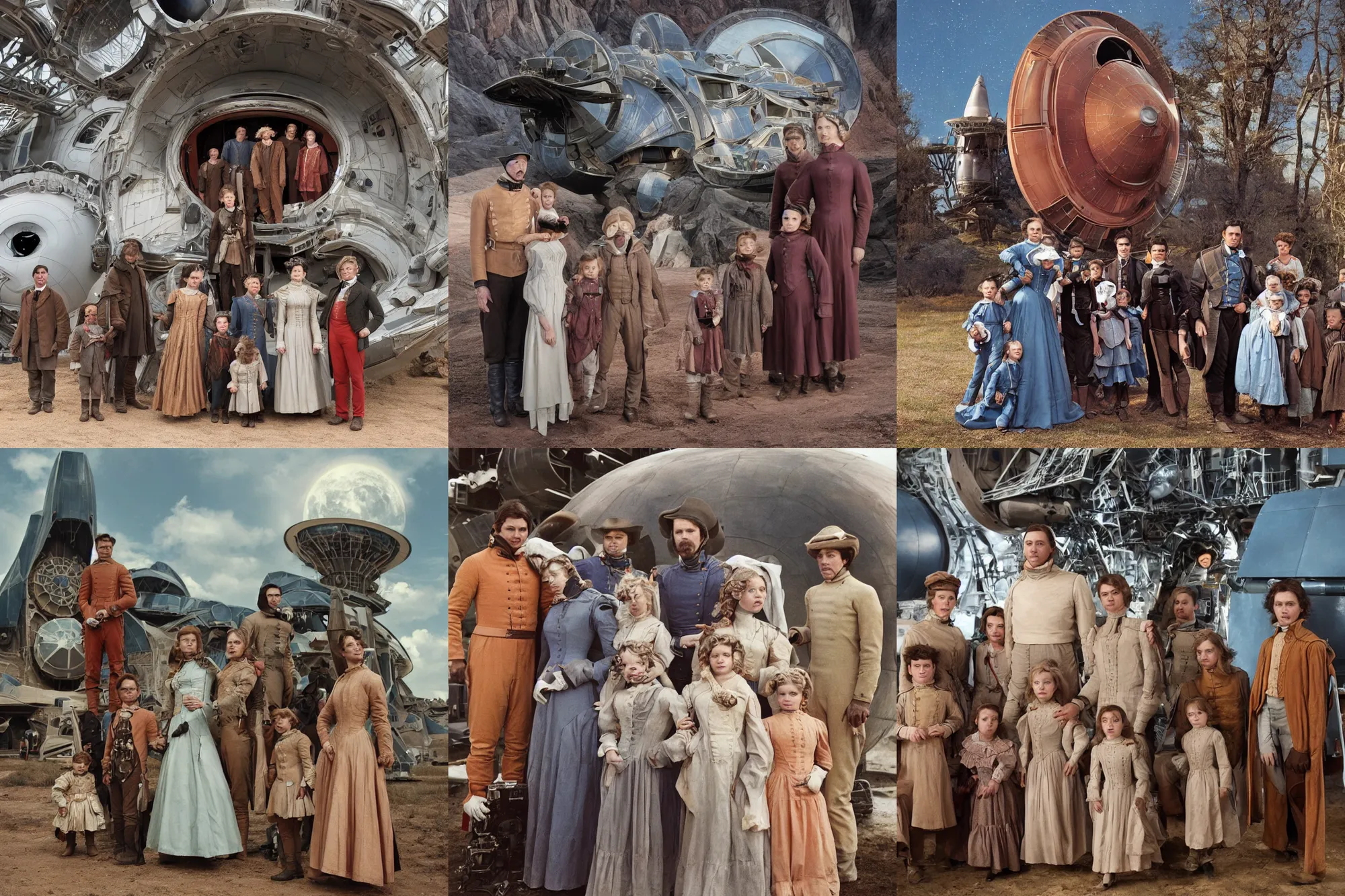 Prompt: highly detailed, 513435456k film, 4900mm film still from a sci fi blockbuster color movie made in 2019, set in 1860, of a family standing in front of a spaceship that has just landed on an alien planet, the family are all wearing 1860s era clothes, good lighting, good photography, ultra high definition