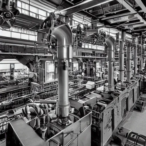 Image similar to an industrial age stem engine factory, fully operational in modern days photography style