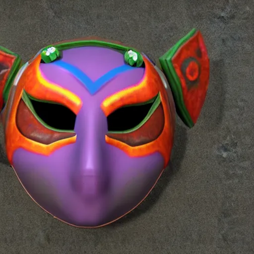 Image similar to majoras mask as a realistic wearable mask. highly detailed image. unreal engine. very colorful.