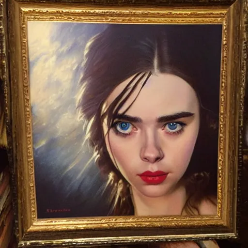 Image similar to ultra realistic portrait painting of elle fanning, lily collins, scarlett johansson, as an outlaw, art by frank frazetta, vintage levi ’ s ad, stormy weather, dark vibes, 4 k, ultra realistic, highly detailed, epic lighting