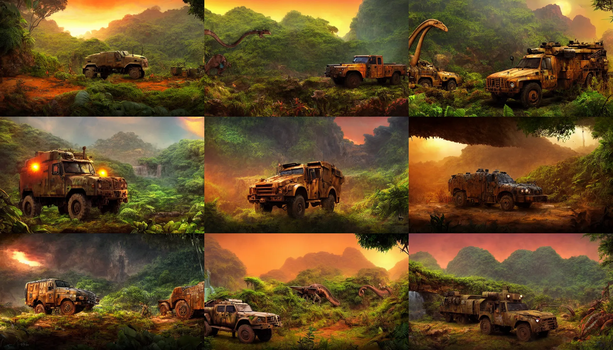 Prompt: a sci fi rusty and dirty military vehicle in a prehistoric jungle cave, lush flora, waterfall, mountains, a brachiosaurus in the background, flowers, vines, orange sky, dark, sunset, hazy, volumetric lighting, rtx on, photorealistic render, beautiful, stunning, ultra - detailed