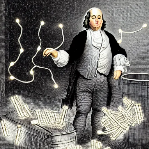 Image similar to benjamin franklin angrily throwing a string of led lights in the trash