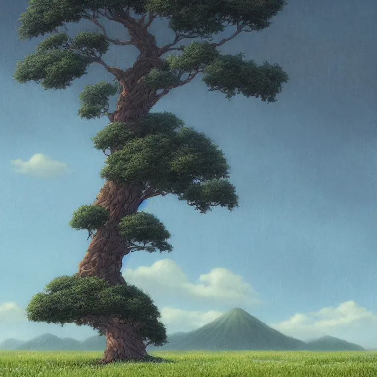 Prompt: a giant tree in a field with a sky background, a detailed matte painting by kaii higashiyama, cgsociety, sosaku - hanga, matte painting, anime, concept art