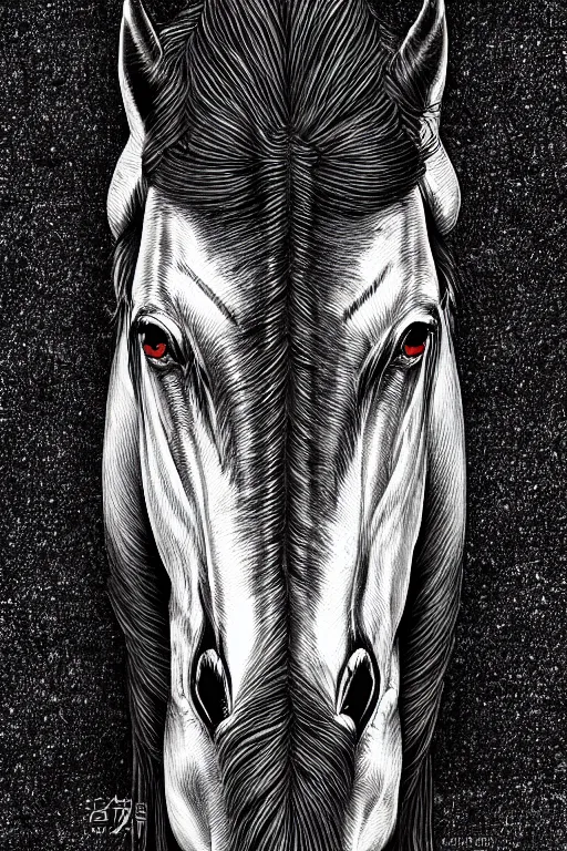 Image similar to fanged horse, symmetrical, highly detailed, digital art, sharp focus, trending on art station, kentaro miura manga art style