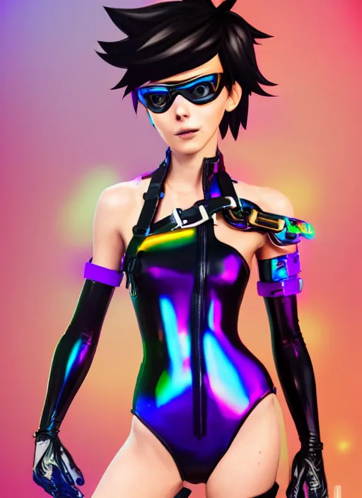 Image similar to full body digital artwork of tracer overwatch, wearing black iridescent rainbow latex swimsuit, 4 k, expressive happy smug expression, makeup, in style of mark arian, wearing detailed black leather collar, wearing chains, black leather harness, leather cuffs around wrists, detailed face and eyes,