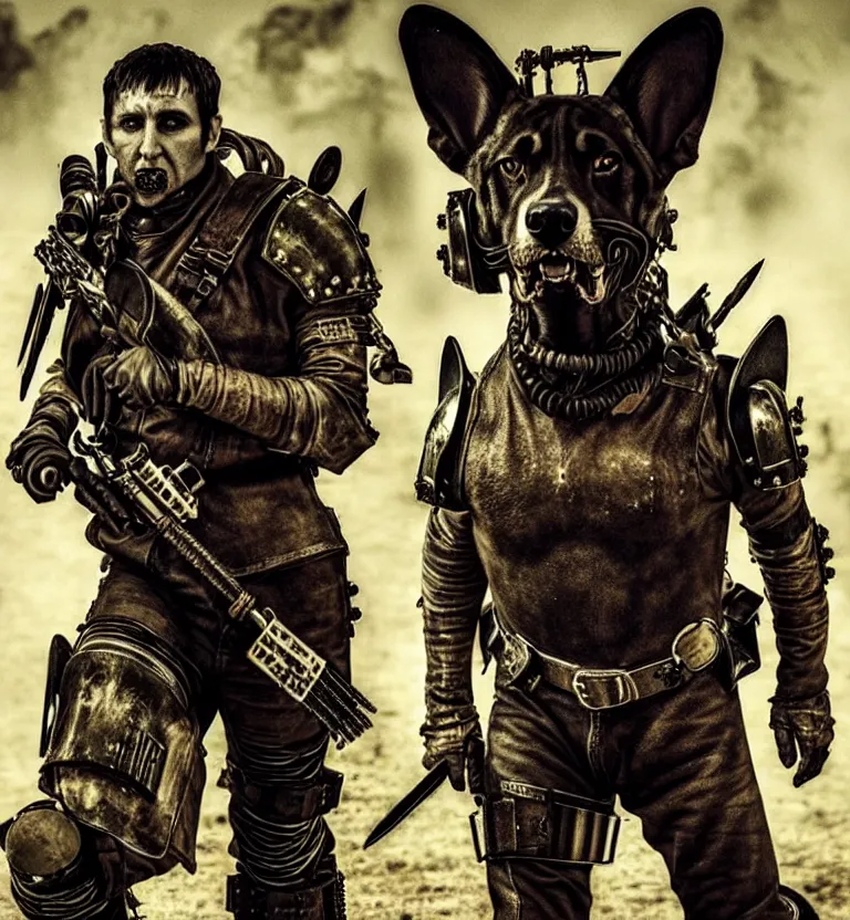 Image similar to a good ol'hound dog fursona ( from the furry fandom ), heavily armed and armored facing down armageddon in a dark and gritty version from the makers of mad max : fury road. witness me.