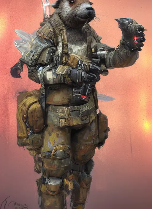 Image similar to detailed full body concept art illustration oil painting of an anthropomorphic capybara military in full intricate clothing, biomutant, dystopian, ultra detailed, digital art, octane render